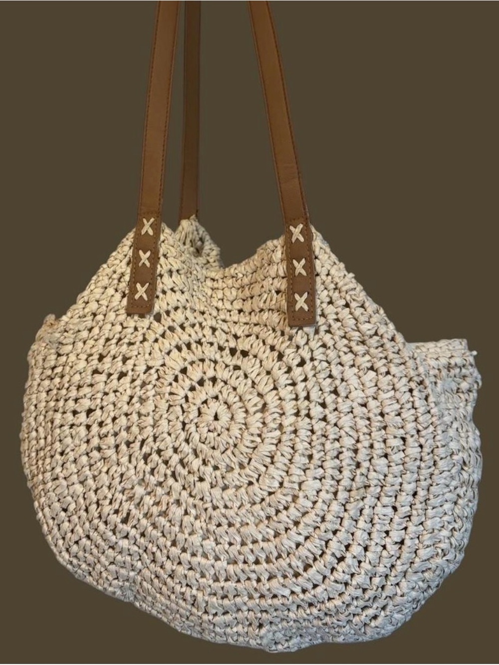 Handwoven Cream Crochet Tote with Brown Straps - Picture 2 of 2